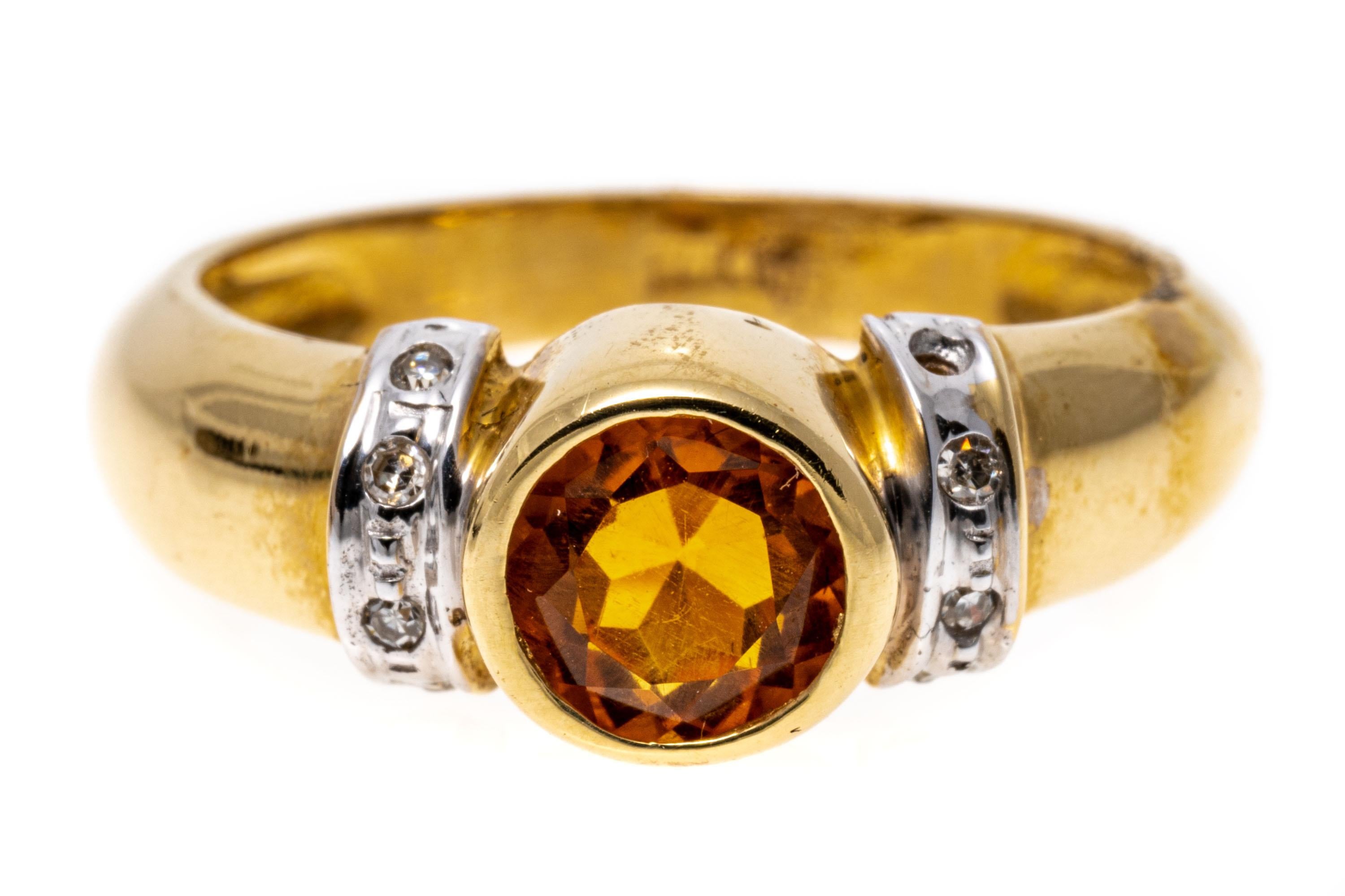 14k Yellow Gold Round Bezel Set Citrine And Diamond Ring For Sale 2