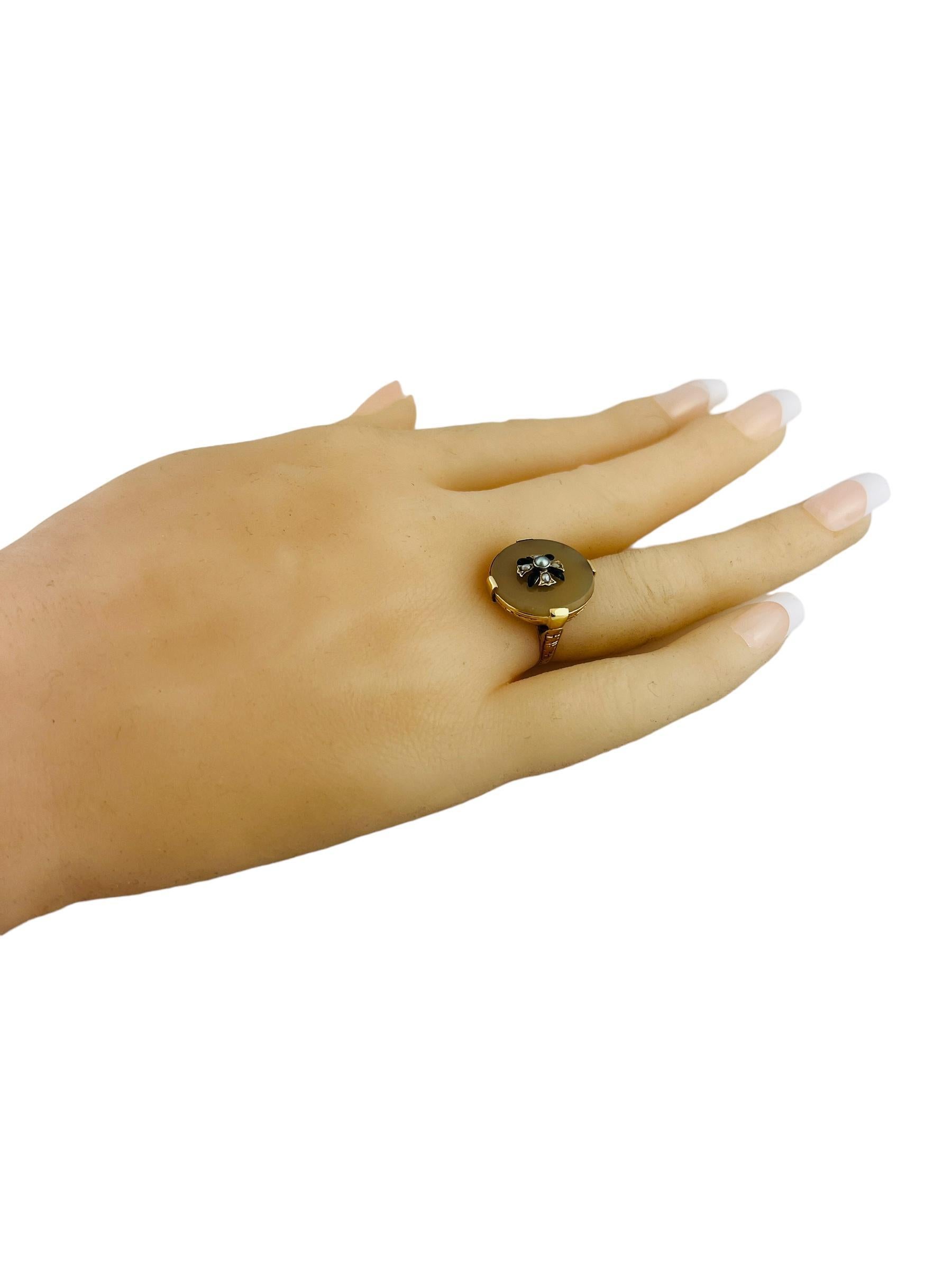  14K Yellow Gold Round Black Onyx Seed Pearl Ring #16001 For Sale 4