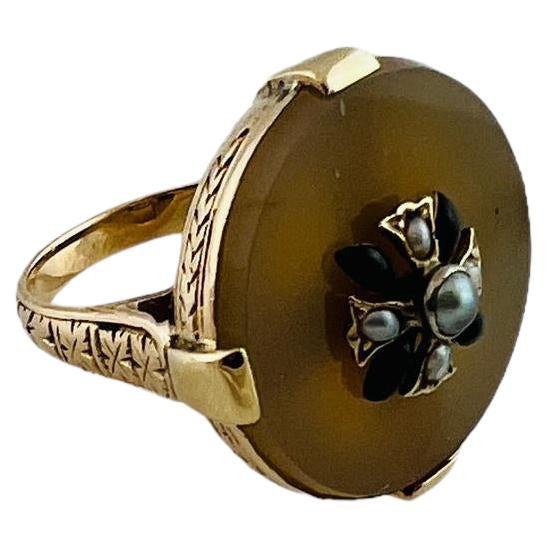  14K Yellow Gold Round Black Onyx Seed Pearl Ring #16001 For Sale