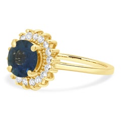14K Yellow Gold Round Blue Sapphire and Round Diamond Halo Ring