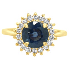 14K Yellow Gold Round Blue Sapphire and Round Diamond Halo Ring