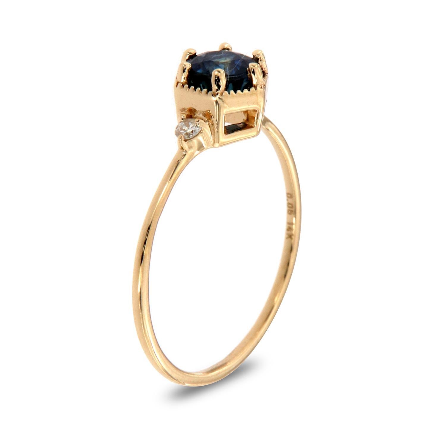 This petite organic designed rustic ring is impressive in its vintage appeal, featuring a natural blue round sapphire, accented with round brilliant diamonds. Experience the difference in person!

Product details: 

Center Gemstone Type: