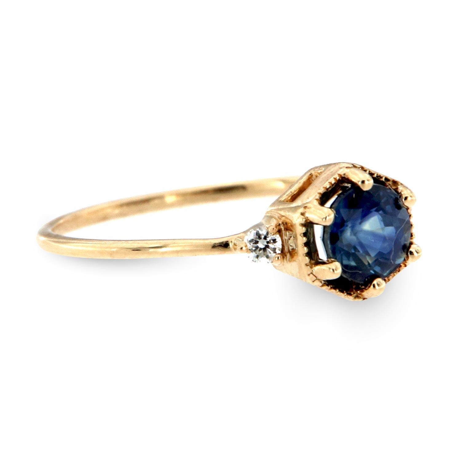Round Cut 14 Karat Gold Round Blue Sapphire Vintage Rustic Diamond Ring 'Center-1/2 Carat' For Sale