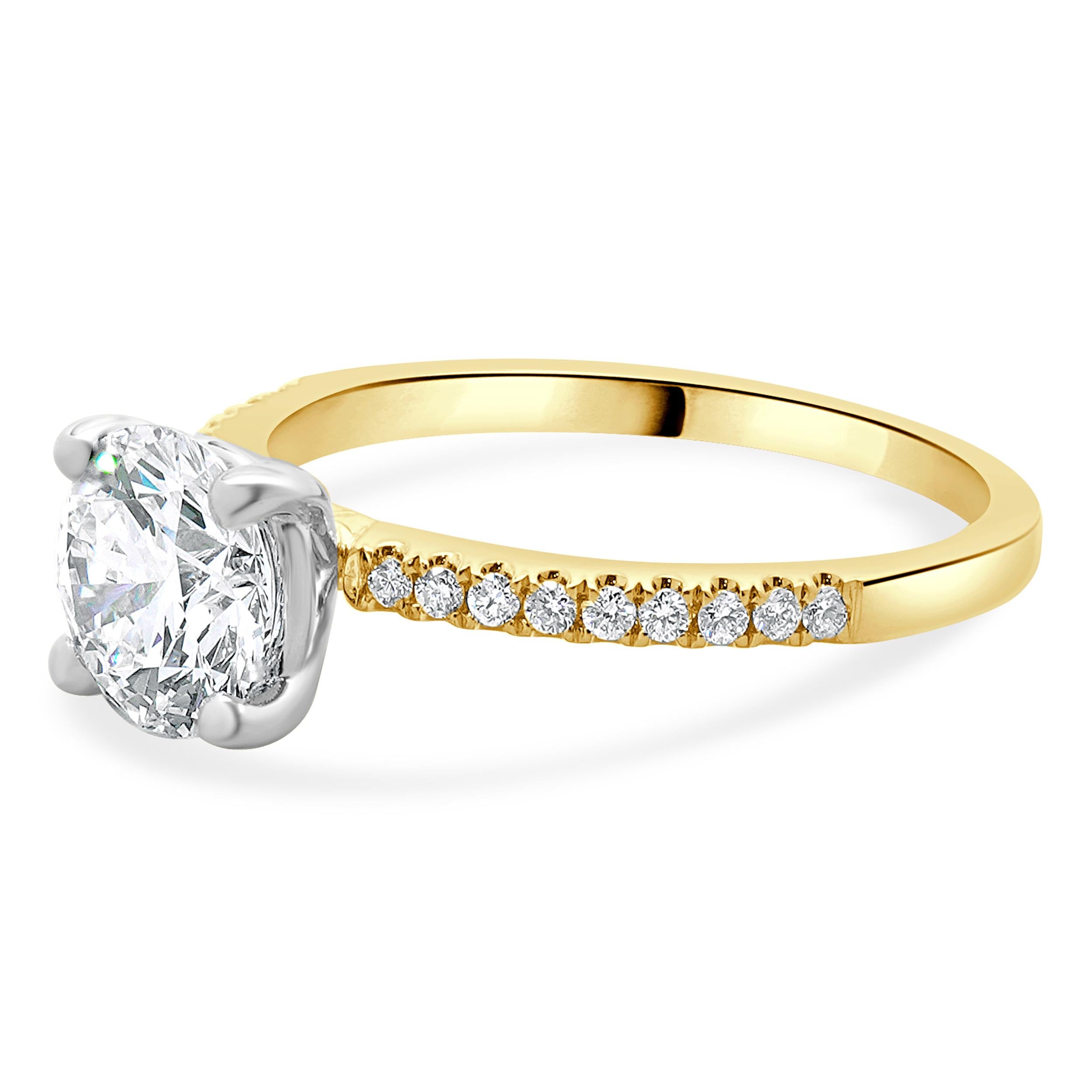 Designer: custom
Material: 14K yellow gold
Diamond: 1 round brilliant cut = 1.33ct
Color: I
Clarity: VS1
Diamond: 18 round brilliant = 0.54cttw
Color: G
Clarity: SI1
Ring Size: 6.75 (complimentary sizing available)
Weight: 2.57 grams
