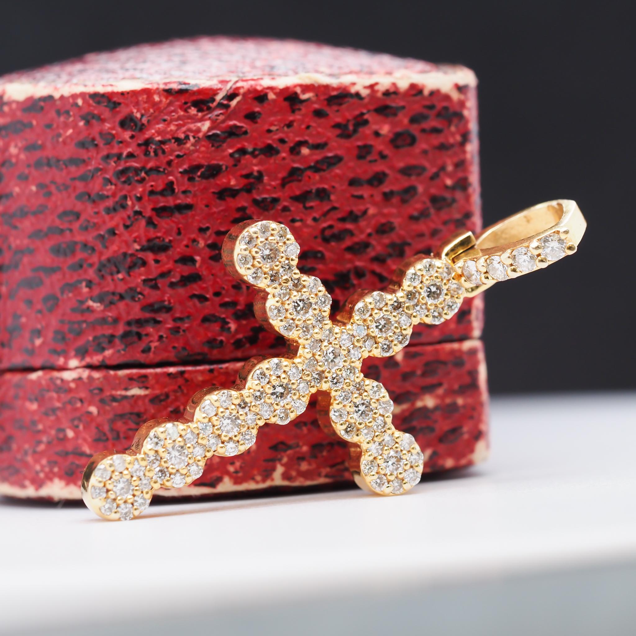 Women's or Men's 14k Yellow Gold Round Brilliant Diamond Cross Pendant For Sale