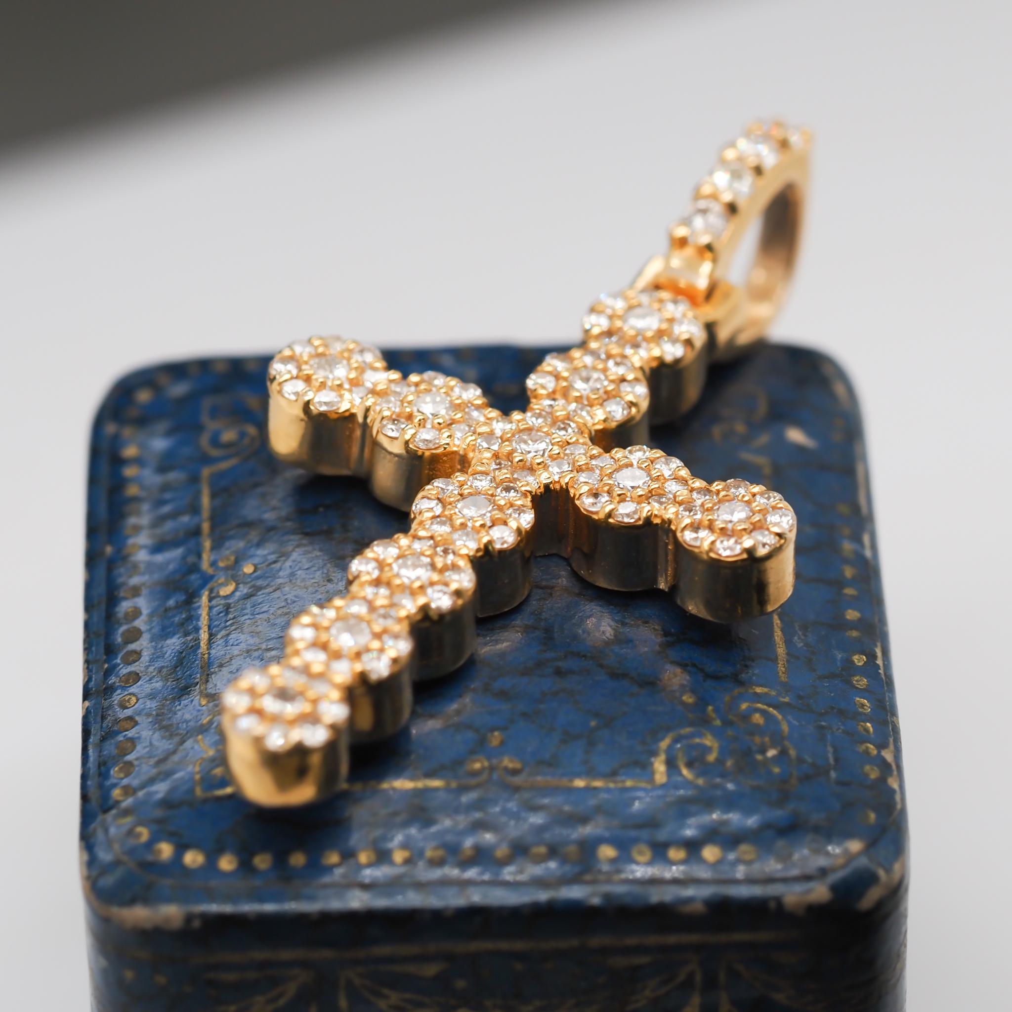14k Yellow Gold Round Brilliant Diamond Cross Pendant For Sale 1