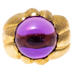 14k Yellow Gold Round Cabachon Medium Purple Amethyst Wide Ribbed Ring