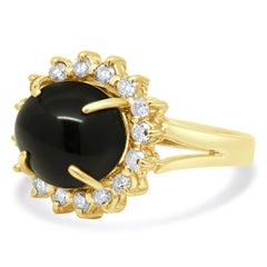 14K Yellow Gold Round Cabochon Cut Black Onyx and Round Diamond Halo Ring