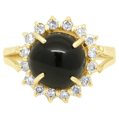 14K Yellow Gold Round Cabochon Cut Black Onyx and Round Diamond Halo Ring