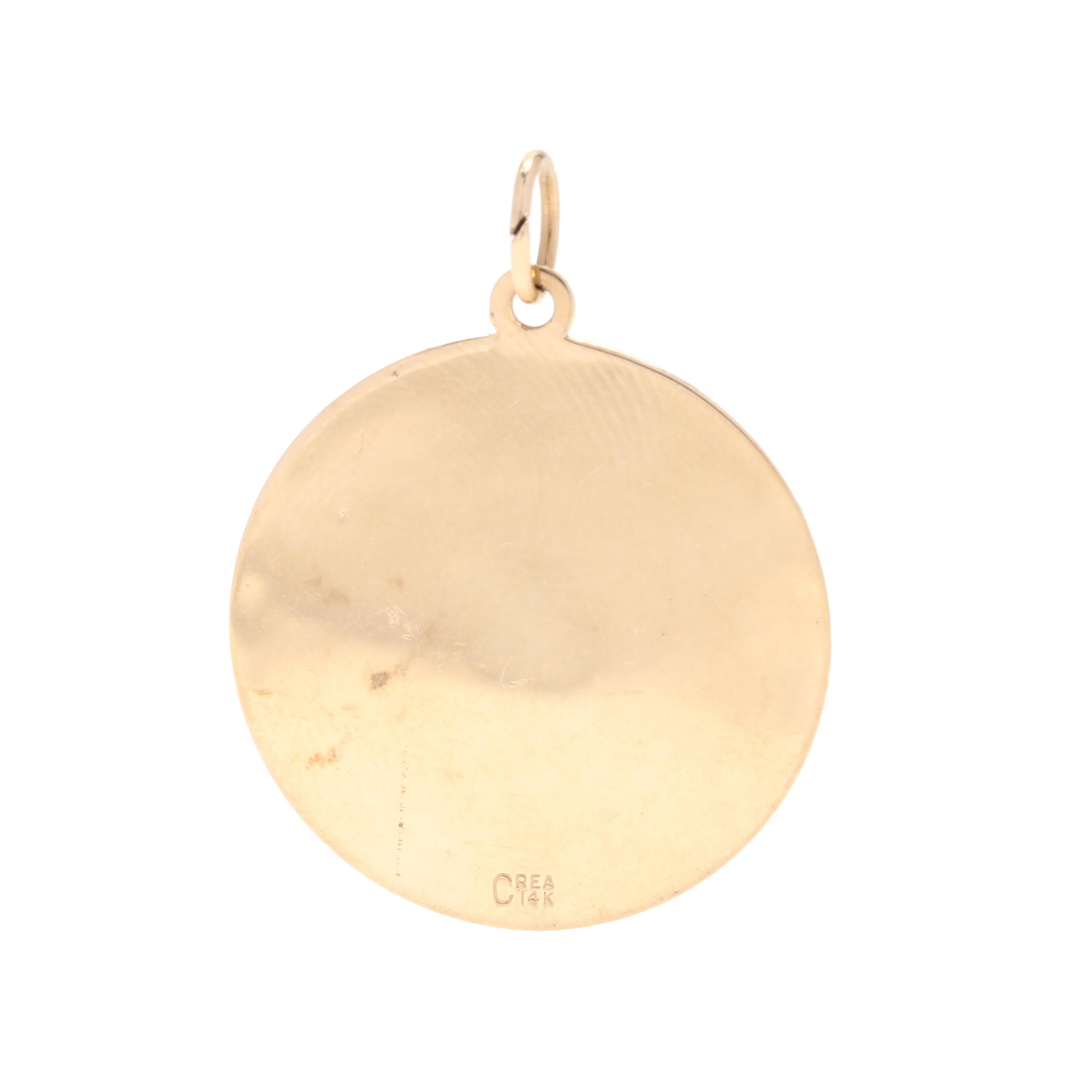 A 14 karat yellow gold round Cancer zodiac charm / pendant. A flat round design, stamped 'June 23 - July 23