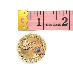 14k Yellow Gold Round Cut Amethyst Brooch Engraved "To Peg With Love Hugh, 1990