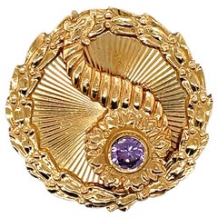 14k Yellow Gold Round Cut Amethyst Brooch Engraved "To Peg With Love Hugh, 1990
