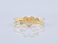 14K Yellow Gold Round Cut Diamond Beaded Open Heart Double Band Ring