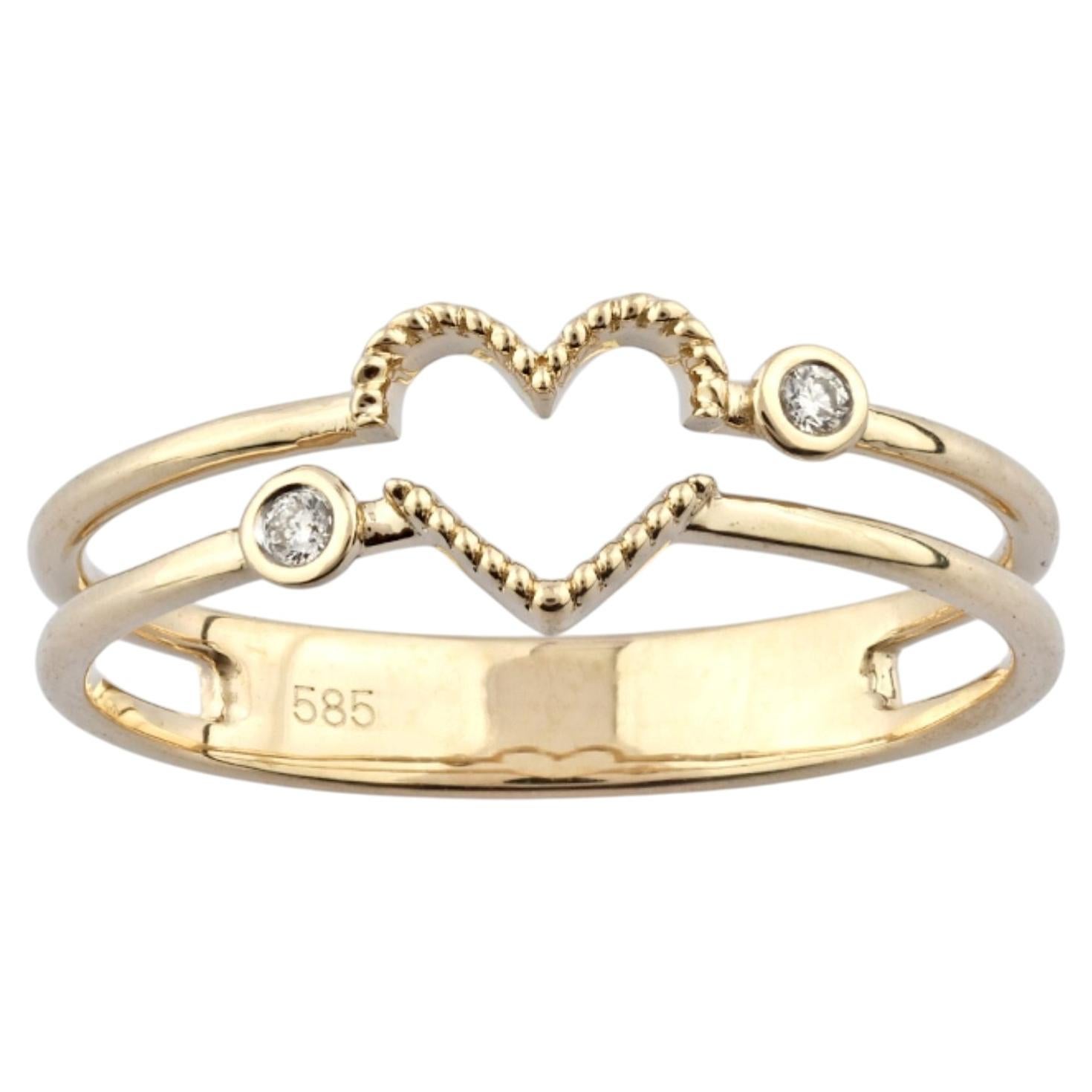 14K Gelbgold Rundschliff Diamant Perlen offenes Herz Double Band Ring