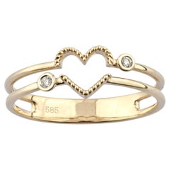 14K Yellow Gold Round Cut Diamond Beaded Open Heart Double Band Ring