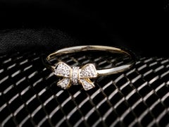 14K Yellow Gold Round Cut Diamond Bow Motif Stackable Ring