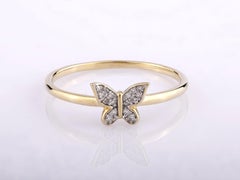 14K Yellow Gold Round Cut Diamond Butterfly Motif Stackable Ring
