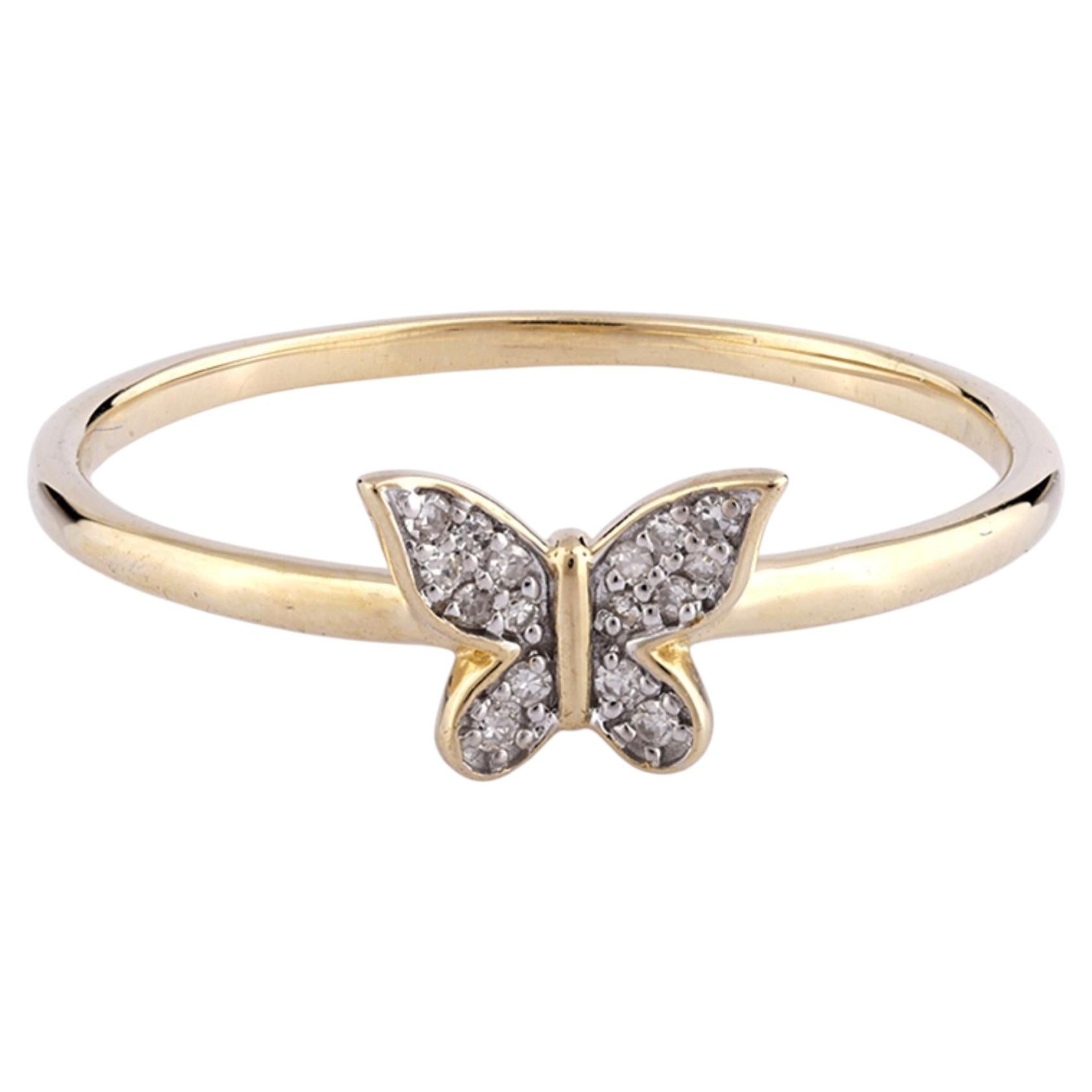 14K Yellow Gold Round Cut Diamond Butterfly Motif Stackable Ring