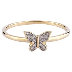 14K Yellow Gold Round Cut Diamond Butterfly Motif Stackable Ring