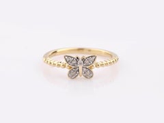 14K Yellow Gold Round Cut Diamond Butterfly Ring with Beaded Band