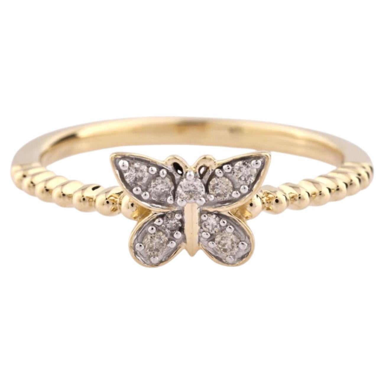 14K Yellow Gold Round Cut Diamond Butterfly Ring with Beaded Band