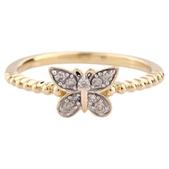 14K Yellow Gold Round Cut Diamond Butterfly Ring with Beaded Band