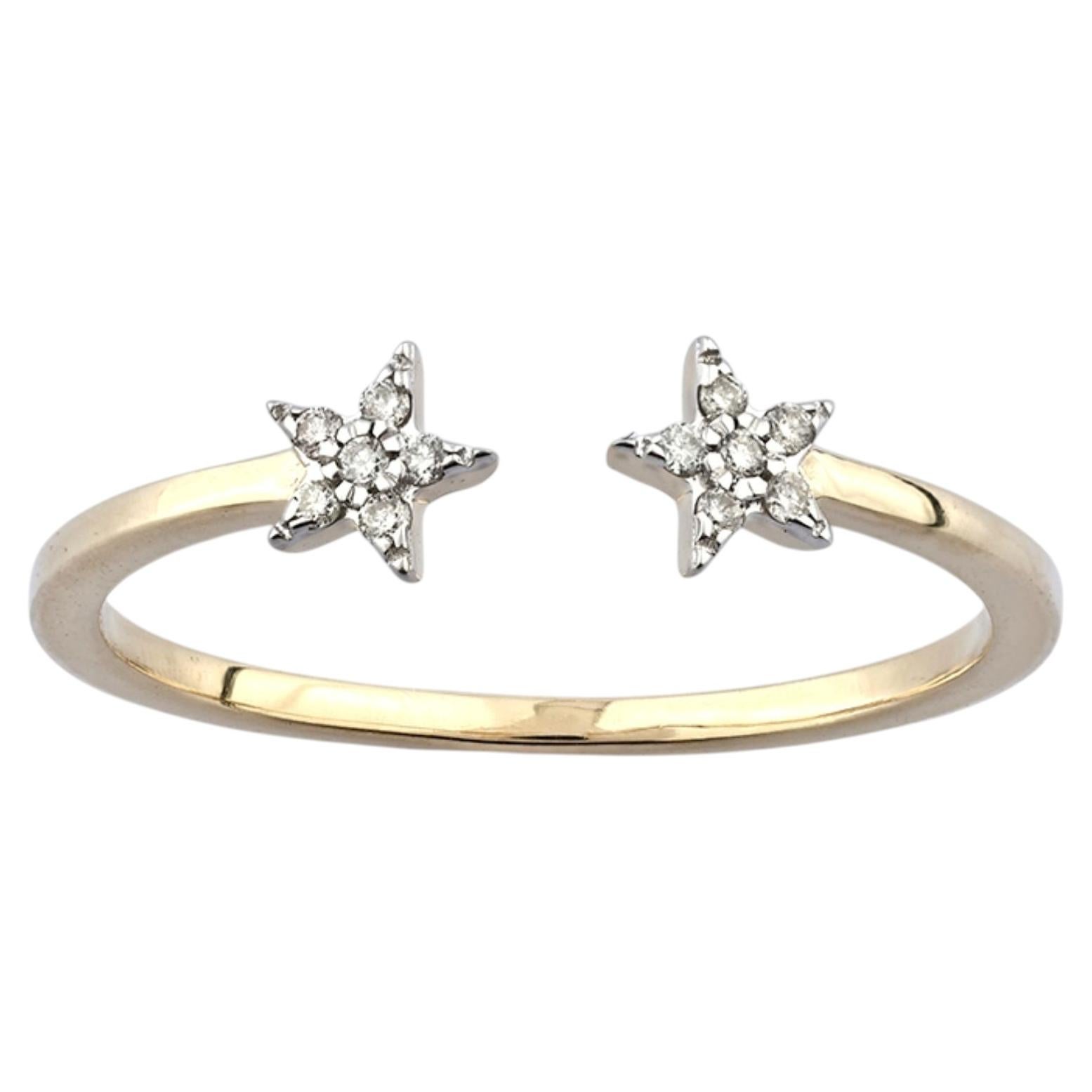 14K Gelbgold Rundschliff Diamant Himmlischer Zwillingsstern Offener Manschettenring