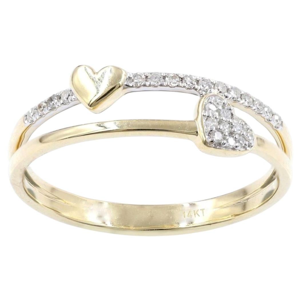 14K Yellow Gold Round Cut Diamond Double Row Heart Ring