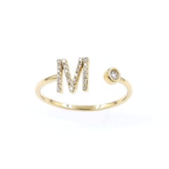14K Yellow Gold Round Cut Diamond Elegant Initial "M" Diamond Open Wrap Ring