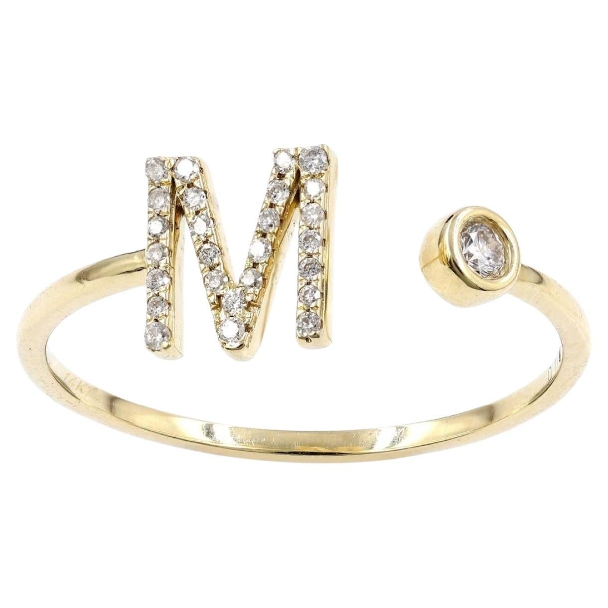 14K Yellow Gold Round Cut Diamond Elegant Initial "M" Diamond Open Wrap Ring
