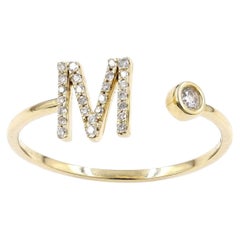 14K Yellow Gold Round Cut Diamond Elegant Initial "M" Diamond Open Wrap Ring