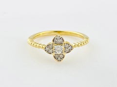 14K Yellow Gold Round Cut Diamond Floral Cluster with Beaded Ring