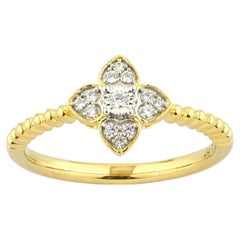 14K Yellow Gold Round Cut Diamond Floral Cluster with Beaded Ring