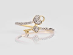 14K Yellow Gold Round Cut Diamond Heart and Key Bypass Ring