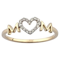 14K Yellow Gold Round Cut Diamond Heart "MOM" Script Ring