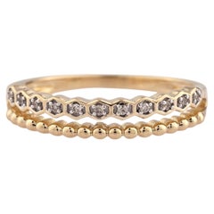 14K Yellow Gold Round Cut Diamond Hexagon and Beaded Double Ring