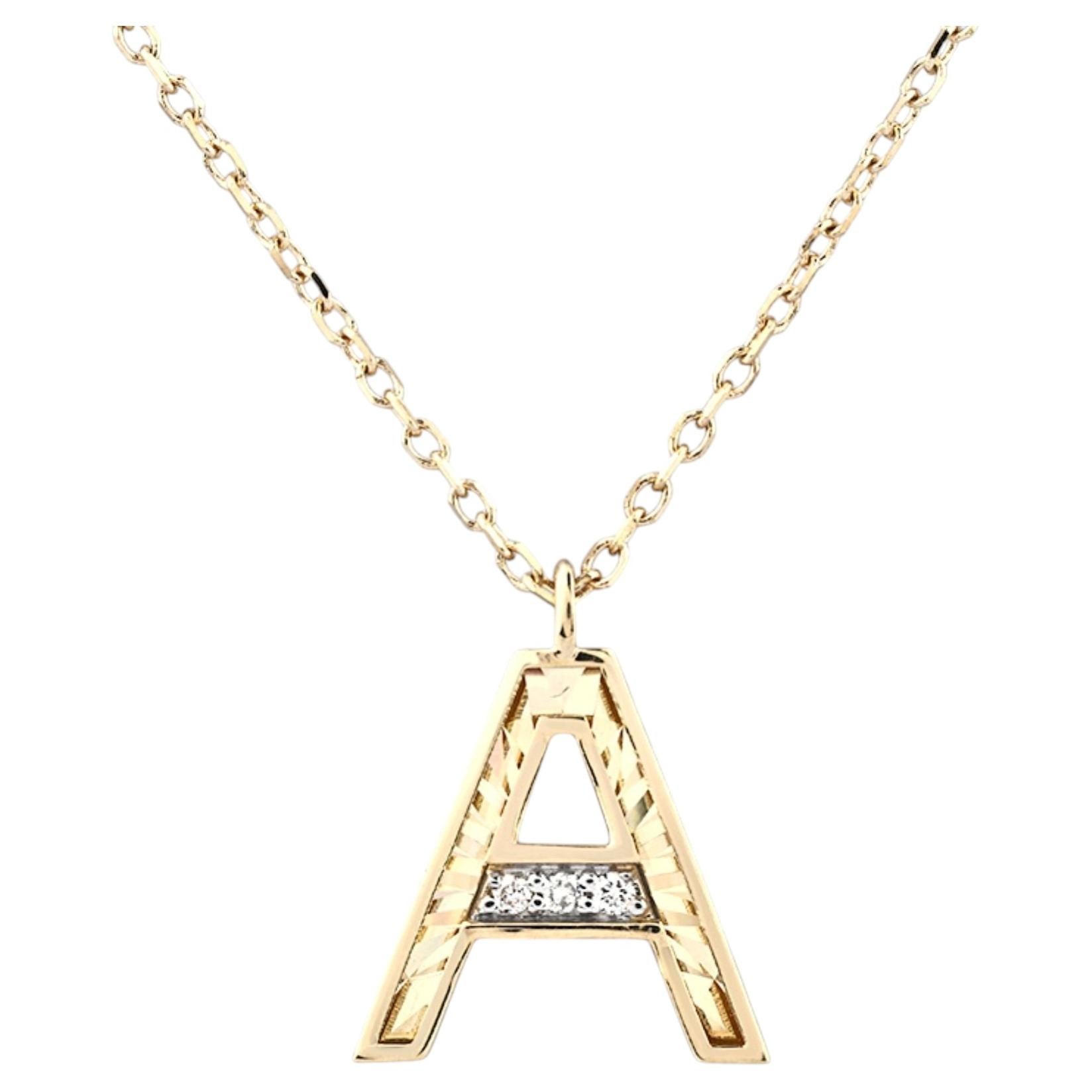 14K Yellow Gold Round Cut Diamond Initial "A" Pendant Necklace