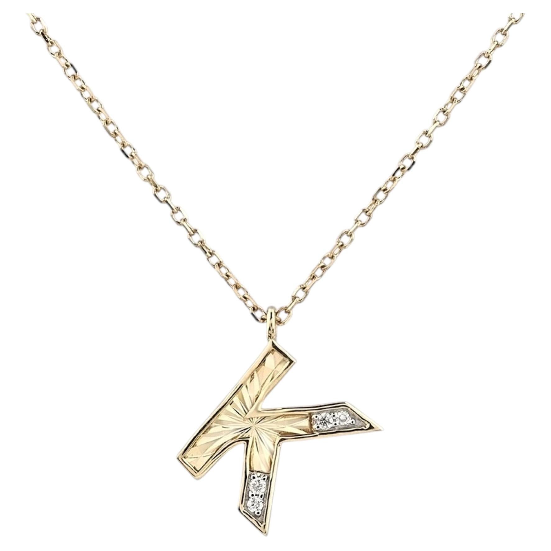 14K Yellow Gold Round Cut Diamond Initial "K" Pendant Necklace
