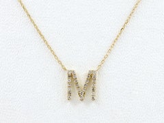 14K Yellow Gold Round Cut Diamond Initial "M" Pendant Necklace