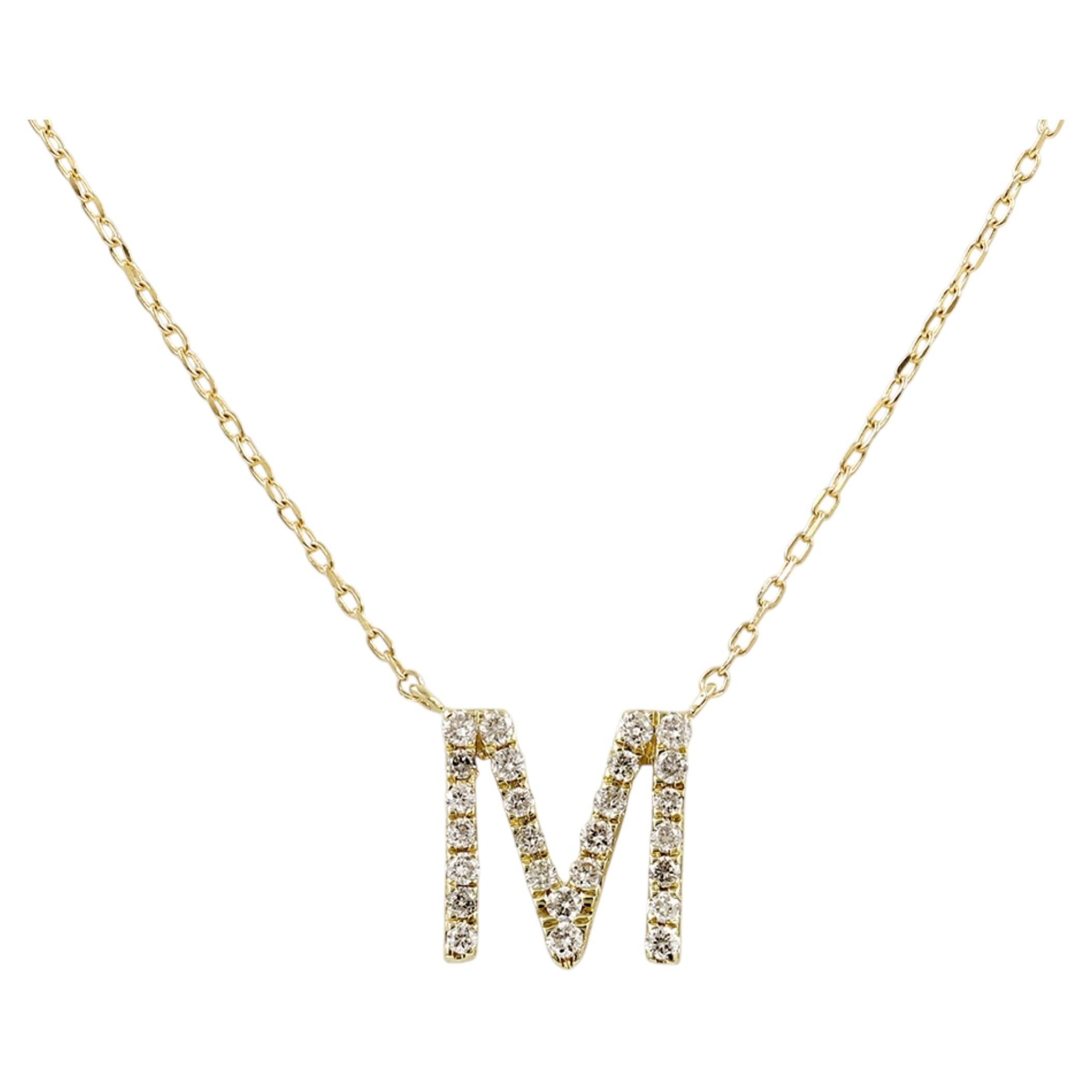 14K Yellow Gold Round Cut Diamond Initial "M" Pendant Necklace