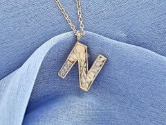 14K Yellow Gold Round Cut Diamond Initial "N" Pendant Necklace