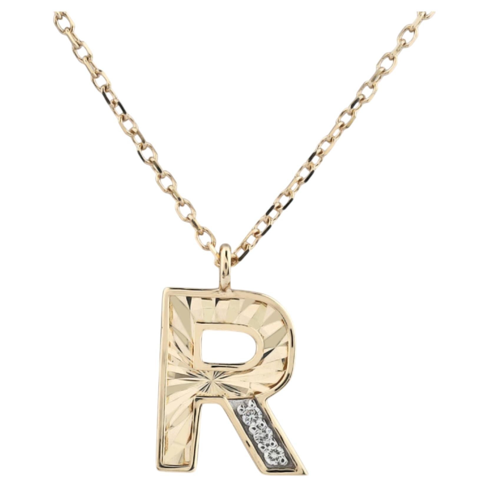 14K Yellow Gold Round Cut Diamond Initial "R" Pendant Necklace