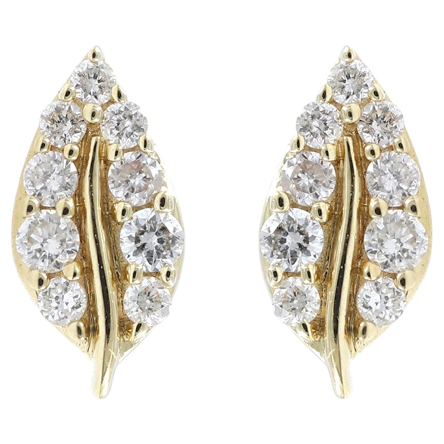 14KT Yellow Gold Round Cut Diamond Leaf Stud Earrings