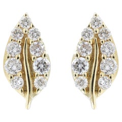 14KT Yellow Gold Round Cut Diamond Leaf Stud Earrings