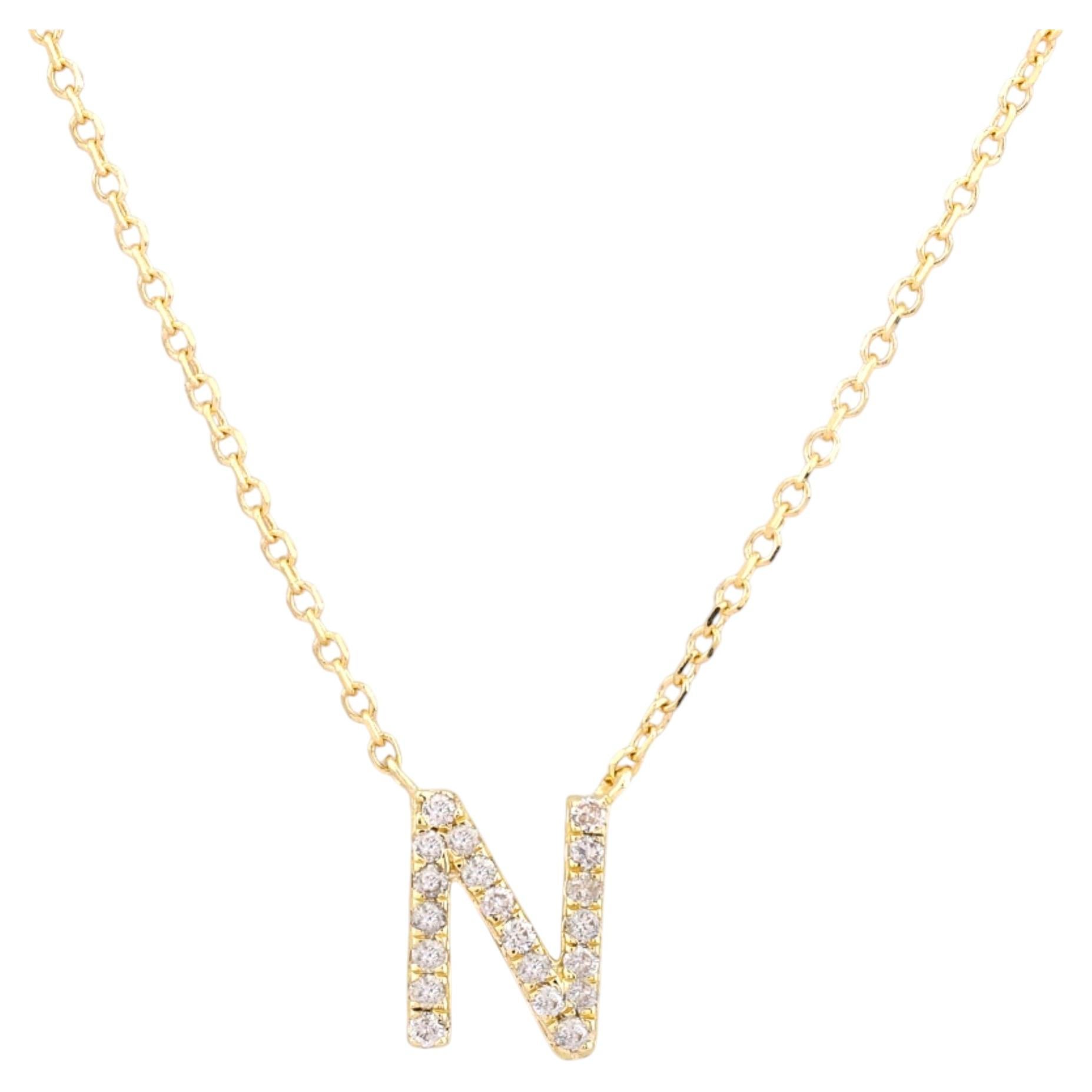 14K Yellow Gold Round Cut Diamond Pave Initial "N" Pendant Necklace