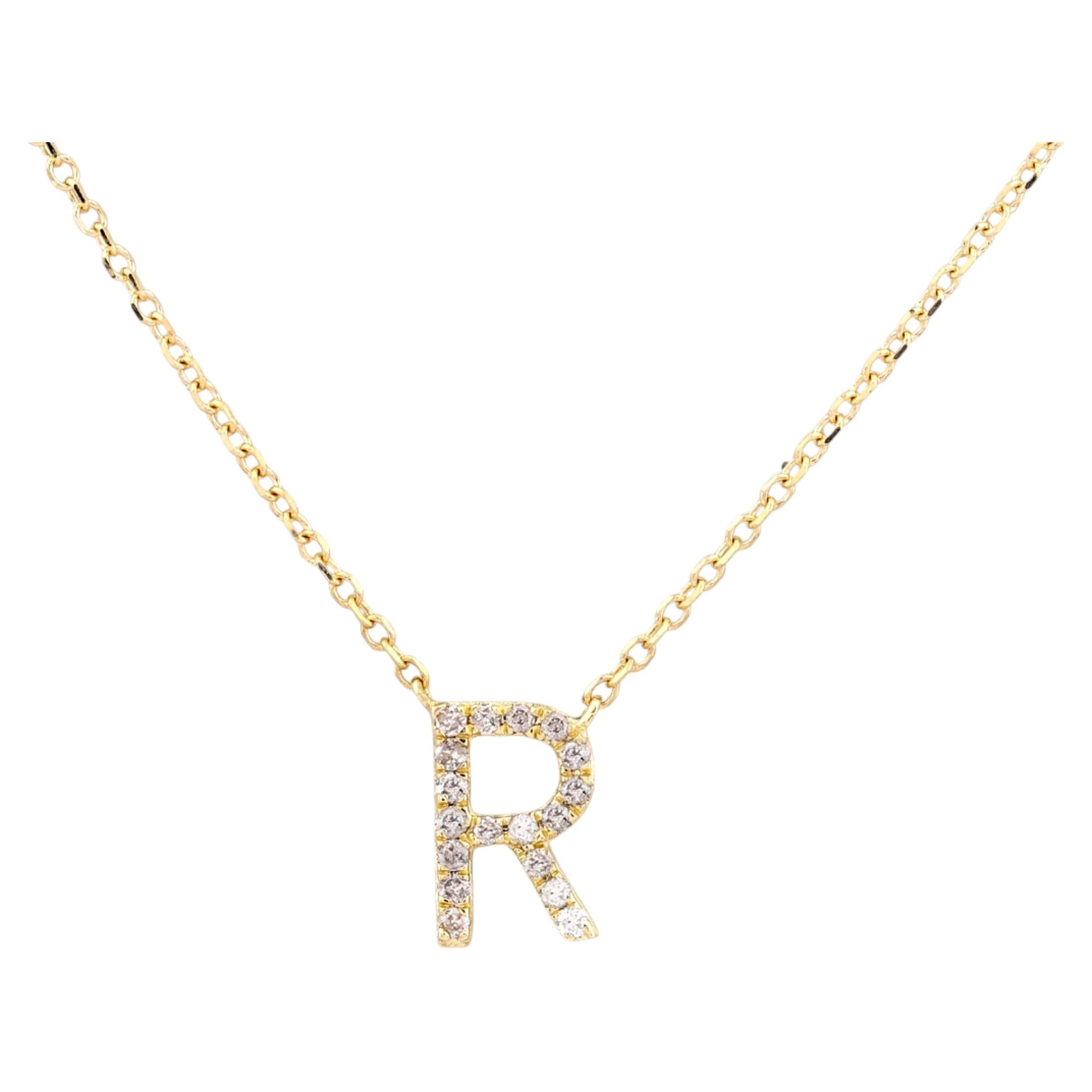 14K Yellow Gold Round Cut Diamond Pave Initial "R" Pendant Necklace