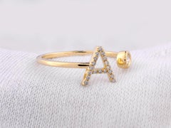 14K Yellow Gold Round Cut Diamond Radiant Initial "A" Open Wrap Ring