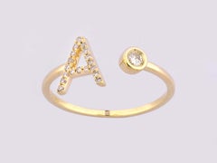 14K Yellow Gold Round Cut Diamond Radiant Initial "A" Open Wrap Ring