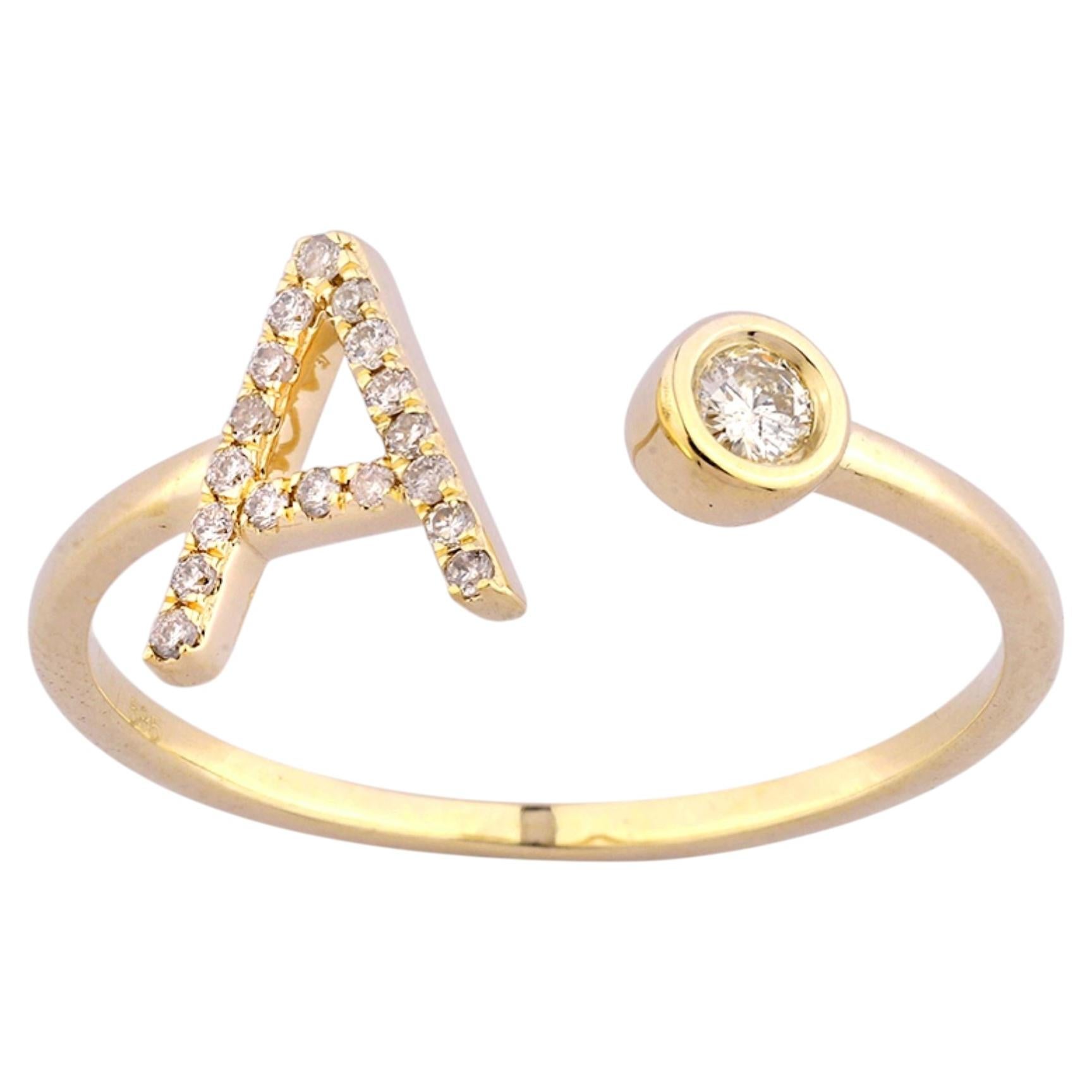 14K Yellow Gold Round Cut Diamond Radiant Initial "A" Open Wrap Ring