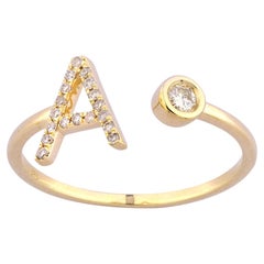 14K Yellow Gold Round Cut Diamond Radiant Initial "A" Open Wrap Ring